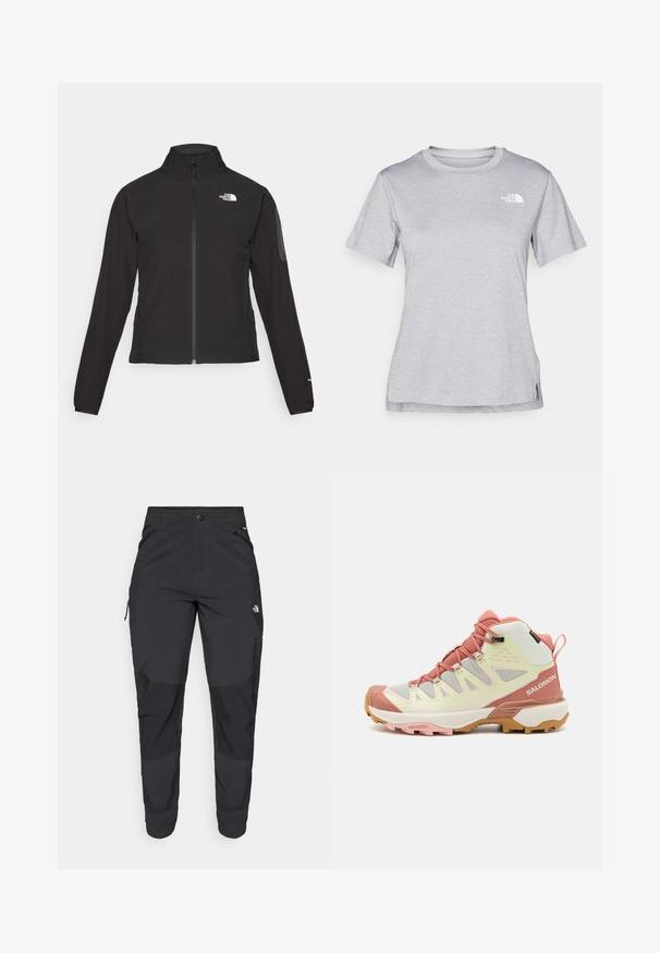Casaco preto com fecho zip e gola alta, em tecido texturizado, com logo no lado esquerdo do peito. Apresenta mangas longas e um design ajustado.; T-shirt cinza de mangas curtas feito de um tecido suave e que absorve a humidade. Apresenta um decote redondo e um pequeno logotipo branco na parte superior esquerda.; Calças pretas para exterior feitas de um tecido resistente. Apresentam bolsos com fecho, painéis de joelhos reforçados e um design de corte reto para maior mobilidade.; Salomon X ULTRA 360 EDGE MID GTX - Sapatos de caminhada - vanilla ice/light mahogany/white jade
