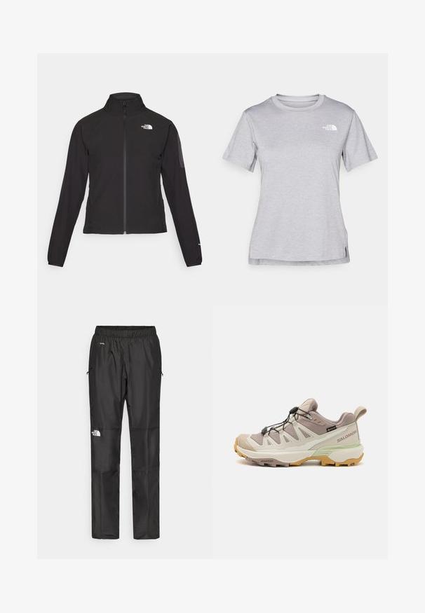 Črna zip-up jakna z visokim ovratnikom, teksturirano blago in logotipom na levem prsnem delu. Ima dolge rokave in prilega se.; Siva kratka majica s kratkimi rokavi, izdelana iz mehkega, vlago odvračajočega materiala. Ima okroglo izrez in majhen bel logotip na zgornji levi strani.; Črne nepremočljive hlače iz lahkega materiala, z elastičnim pasom, stranskimi žepi in logotipom na levi nogi.; Lahka planinska obutev z bež in meta zeleno zasnovo. Teksturovana zgornji del, gumijast podplat, hiter sistem vezanja in kontrastni rumeni poudarki.