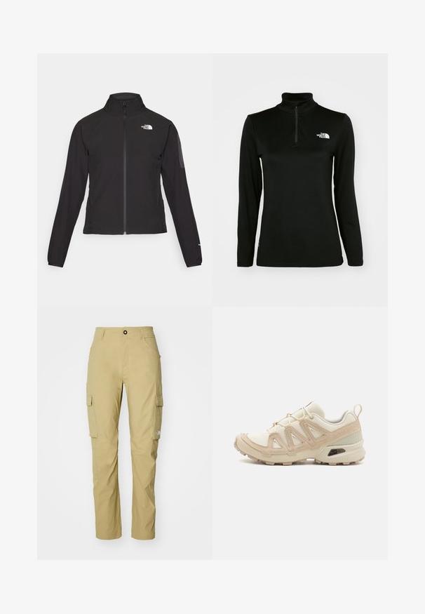 Melna ar rāvējslēdzēju aizdara jaka ar augstu apkakli, teksturētu audumu un logotipu kreisajā krūtī. Satur garas piedurknes un pieguļošu dizainu.; Melnā garā piedurkne puloveris ar augstu apkakli un ceturtdaļas rāvējslēdzēju, izgatavots no gludas auduma, ar baltu logo kreisajā krūtīs.; Gaiši khaki krāsas cargo bikses ar taisnu kāju, vairākām sānu kabatām un vienkāršu jostu ar pogu. Audumam ir gluda tekstūra.; Beige un krēma sporta apavi ar strukturētu tīkla virsmu, atbalstošajiem slāņiem un gumijas zoli ar protektoru rakstu, kas nodrošina saķeri.