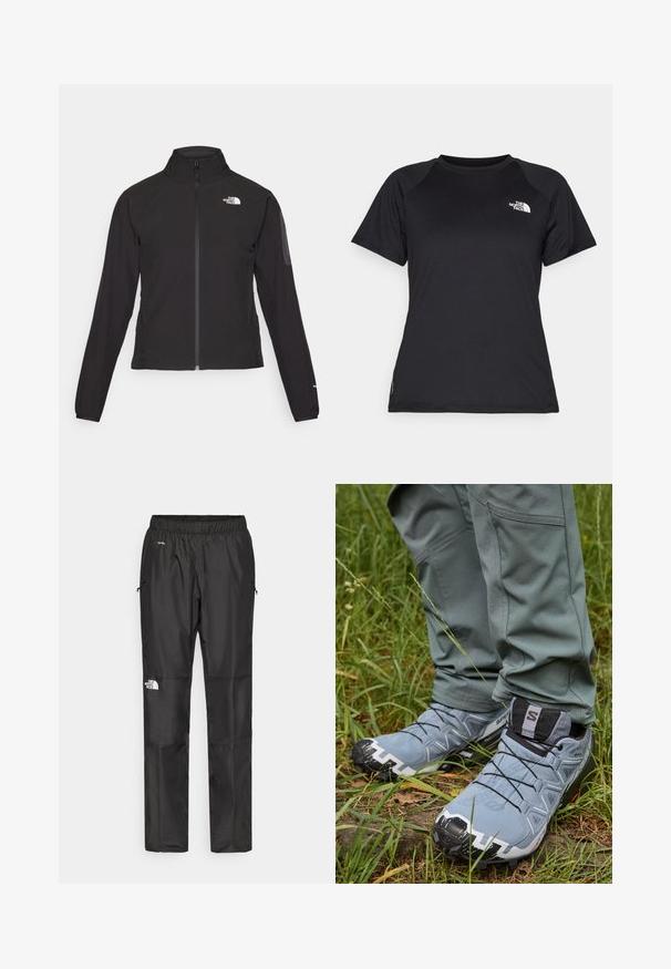 Black zip-up jacket with a high collar, textured fabric, and logo on the left chest. Features long sleeves and a fitted design.; Black short-sleeve athletic t-shirt with crew neck and The North Face logo on the upper left chest.; Black waterproof pants made from lightweight fabric, featuring an elastic waistband, side pockets, and a logo on the left leg.; Gray trail running shoes with a textured upper, black laces, and a rugged sole, paired with fitted green pants in grass terrain.