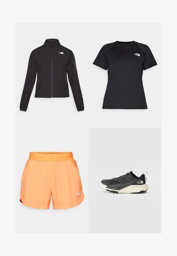 Zwarte zip-up jas met een hoge kraag, textuurstof en een logo op de linker borst. Beschikt over lange mouwen en een slim fit ontwerp.; Zwarte sportieve t-shirt met korte mouwen en ronde hals, met het logo van The North Face op de bovenste linkerkant van de borst.; Oranje shorts met een elastische tailleband, zijzakken en een logo op de onderkant rechts. Ontworpen voor comfort en mobiliteit.; Zwarte sportieve schoen met een gestructureerde bovenkant, voorzien van grijze accenten en een witte tussenzool. Inclusief een trekhaak en een opvallend merklogo op de hiel.