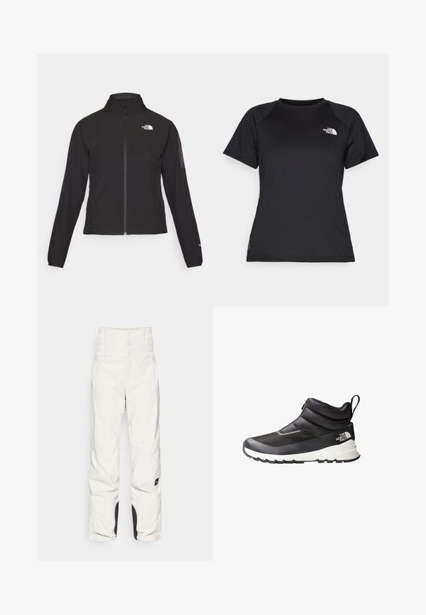 Chaqueta negra con cremallera y cuello alto, de tela texturizada, y logo en el lado izquierdo del pecho. Con mangas largas y un diseño ajustado.; Camiseta atlética negra de manga corta con cuello redondo y el logo de The North Face en la parte superior izquierda del pecho.; Pantalones de nieve blancos con una cintura alta y fruncida, dos bolsillos frontales y detalles negros en los dobladillos. Fabricados con un material suave y resistente a la intemperie.; Zapato de tobillo en negro y gris con parte superior acolchada, paneles de malla y una entresuela blanca. Cuenta con una cremallera y una lengüeta en el talón.