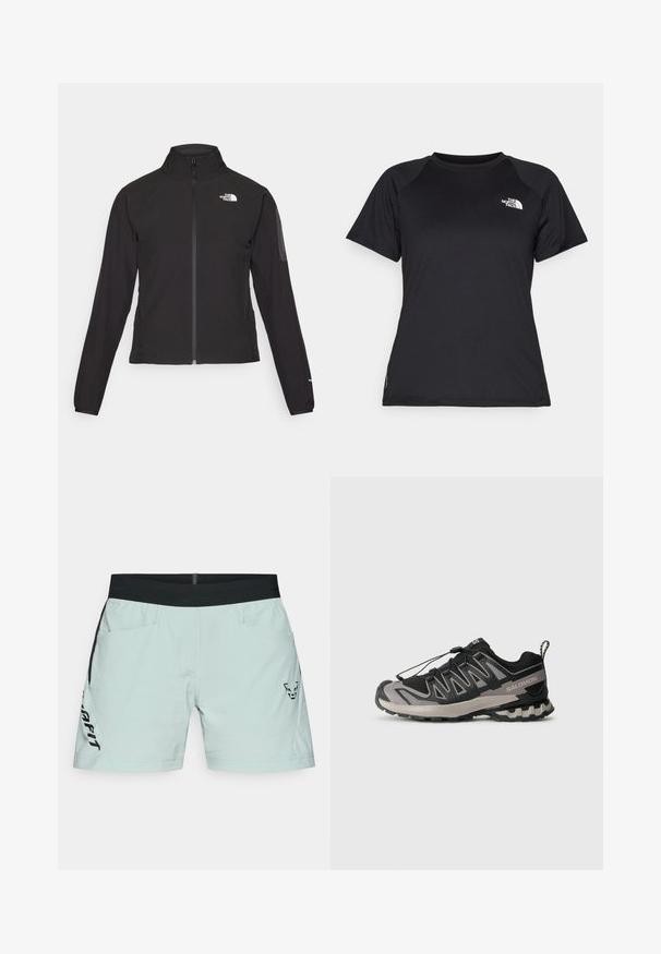 Czarna kurtka zapinana na zamek z wysokim kołnierzem, teksturowana tkanina i logo na lewej piersi. Posiada długie rękawy i dopasowany krój.; Czarny sportowy t-shirt z krótkim rękawem i okrągłym dekoltem, z logo The North Face na górnej lewej części klatki piersiowej.; Jasno miętowe szorty z czarnym pasem, z bocznymi kieszeniami i czarnym logo na lewej nodze. Gładki materiał z wyraźnymi przeszyciami.; Czarno-szare buty sportowe z siateczkową cholewką, gumową podeszwą i elastycznym systemem sznurowania. Posiadają wzmocniony czubek i teksturowane akcenty.