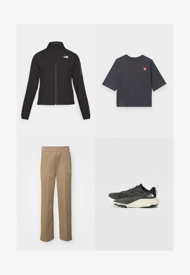 Casaco preto com fecho zip e gola alta, em tecido texturizado, com logo no lado esquerdo do peito. Apresenta mangas longas e um design ajustado.; T-shirt de manga curta, cinza escuro, feito de algodão. Apresenta um patch de logótipo vermelho em forma de quadrado na área do peito esquerdo. Corte regular com decote redondo.; Calças de fato de treino castanhas feitas de tecido macio, com uma risca lateral branca, cintura elástica e bolsos com fecho em ambas as laterais.; Shoe atlético preto com um cabedal texturizado, apresentando detalhes em cinza e uma entressola branca. Inclui uma alça e um logótipo da marca em destaque no calcanhar.