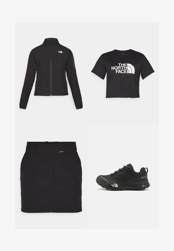 Fekete, cipzáros dzseki magas gallérral, texturált anyagból, bal mellen logóval. Hosszú ujjak és testhezálló fazon jellemzi.; Fekete, vágott ujjú, pamut póló, fehér logóval, amely ívelt díszítéseket és a "THE NORTH FACE" feliratot tartalmazza az elején. Rövid ujjú, kerek nyakú.; Fekete szoknya sima anyagból, testhez simuló szabással, lapos derékpánttal és diszkrét varrási részletekkel.; Fekete túrázó cipő texturált felsőrésszel, fűzős záródással és vastag gumitalppal, mely oldalán egy kiemelkedő logó és mintázott talpkialakítás található.