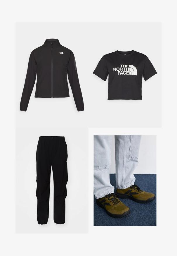 Mustmustabiga must jakk, millel on kõrge krae, tekstureeritud kangas ja logo vasakul rinnal. Omab pikki varrukaid ja sobivat disaini.; Must must kleidend t-särk, millel on valge logo ja kõverad aktsendid, esiküljel tekst "THE NORTH FACE". Lühikesed varrukad, ümar kaelus.; Mustad must outdoor püksid, valmistatud vastupidavast materjalist, millel on mugav lõige, elastne vöökoht ja reguleeritavad varrukaotsad.; Olive rohelised tossud mustade aktsentidega, nahast ja võrkmaterjalist, ümar varvas ja tekstureeritud tallad. Kombineeritud heledate hallide teksadega.