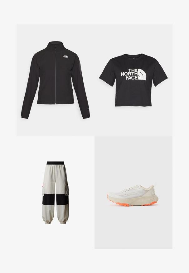 Giacca nera con zip e colletto alto, tessuto testurizzato e logo sul lato sinistro del petto. Presenta maniche lunghe e un design aderente.; Maglietta nera corta in cotone, con un logo bianco con accenti curvi e testo "THE NORTH FACE" sul davanti. Maniche corte, colletto alla marinara.; The North Face HIMALAYAN - Pantaloni cargo - white dune tnf black; Scarpa sportiva grigia chiara con upper in mesh traspirante, sottopiede testurizzato color crema e suola in gomma arancione brillante. Presenta un design con lacci e un manico per il trasporto.