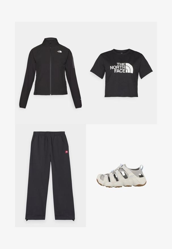 Czarna kurtka zapinana na zamek z wysokim kołnierzem, teksturowana tkanina i logo na lewej piersi. Posiada długie rękawy i dopasowany krój.; Czarny krótki t-shirt wykonany z bawełny, z białym logo z zaokrąglonymi akcentami i napisem "THE NORTH FACE" z przodu. Krótkie rękawy, okrągły dekolt.; Czarne spodnie sportowe wykonane z miękkiej tkaniny, charakteryzujące się luźnym krojem, elastycznym pasem, bocznymi kieszeniami oraz małą czerwoną metką z logo z przodu.; Jasnoszare sportowe sandały z oddychającego materiału siatkowego, elastycznymi paskami i białą gumową podeszwą z teksturowaną brązową zewnętrzną podeszwą.