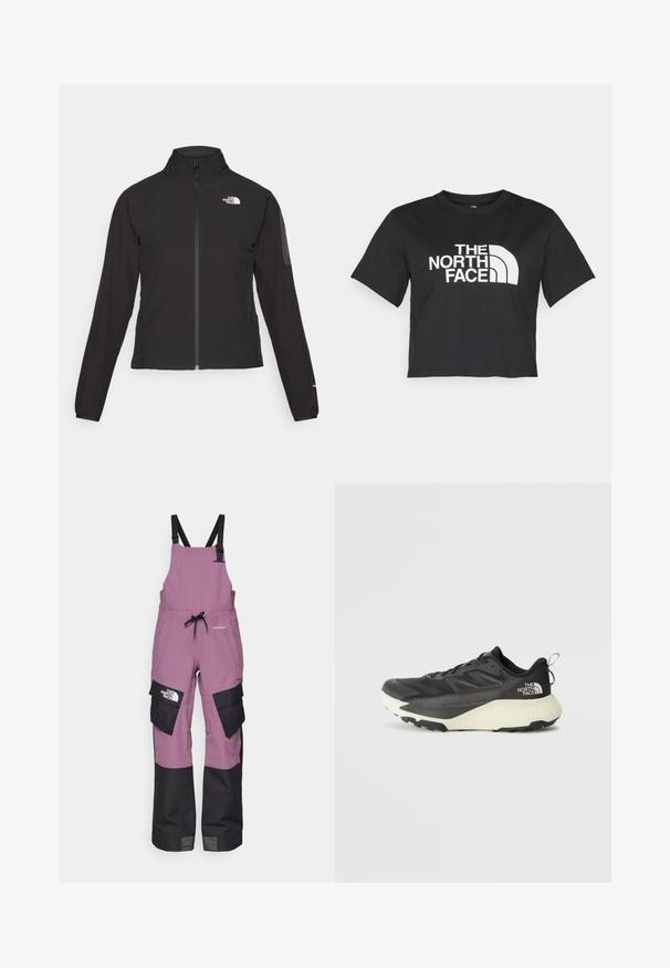 Čierna bunda na zips s vysokým golierom, textúrovanou tkaninou a logom na ľavej hrudi. Má dlhé rukávy a priliehavý strih.; Čierne skrátené tričko z bavlny, s bielym logom s krivkami a textom "THE NORTH FACE" na prednej strane. Krátke rukávy, okrúhly výstrih.; Fialové nepremokavé kombinézy s čiernymi akcentmi, nastaviteľnými popruhmi, viacerými vreckami a logom na ľavej strane.; Čierna atletická obuv s textúrovaným vrchom, s šedými akcentmi a bielou medzipodrážkou. Obsahuje pútko a výrazné logo značky na päte.