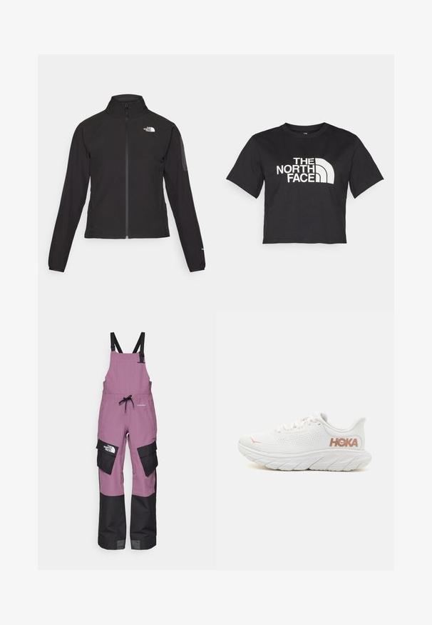 Mustmustabiga must jakk, millel on kõrge krae, tekstureeritud kangas ja logo vasakul rinnal. Omab pikki varrukaid ja sobivat disaini.; Must must kleidend t-särk, millel on valge logo ja kõverad aktsendid, esiküljel tekst "THE NORTH FACE". Lühikesed varrukad, ümar kaelus.; Lillat veekindlad üleüldised püksid mustade detailidega, reguleeritavad rihmad, mitme taskuga ja logo detail vasakul küljel.; Valged spordijalatsid, millel on hingav sissetallamismaterjal, tekstureeritud tallad ja HOKA logo helesinises roosas. Omab pehmendatud kand ja ümarat varbaosa.