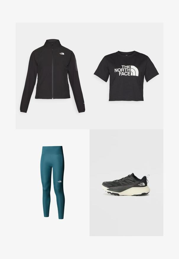 Svart zip-up jacka med hög krage, texturerat tyg och logotyp på vänster bröst. Har långa ärmar och en figursydd design.; Svart kortärmad t-shirt i bomull, med en vit logotyp med böjda accenter och texten "THE NORTH FACE" framtill. Kort ärm, rundad hals.; The North Face W FLEX 28IN TIGHT - Leggings - Byxor - space; Svart atletisk sko med en texturerad ovandel, med grå accenter och en vit mellanläggssula. Inkluderar en dragtab och en framträdande varumärkeslogotyp på hälen.
