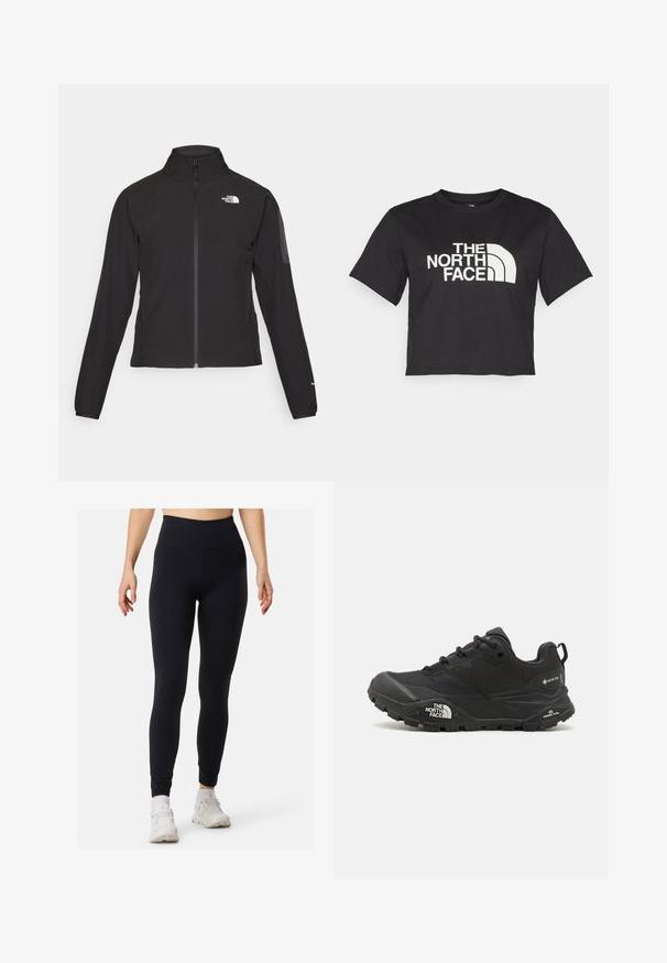 Zwarte zip-up jas met een hoge kraag, textuurstof en een logo op de linker borst. Beschikt over lange mouwen en een slim fit ontwerp.; Zwarte cropped t-shirt gemaakt van katoen, met een wit logo met gebogen accenten en de tekst "THE NORTH FACE" op de voorkant. Korte mouwen, ronde hals.; Zwarte legging met een hoge taille, gemaakt van een gladde, rekbare stof. Heeft een aansluitend ontwerp en platte naden, geschikt voor sportkleding.; Zwarte wandelschoen met een gestructureerde bovenkant, vetersluiting en een stevige rubberen zool met een opvallend logo aan de zijkant en profielpatronen.