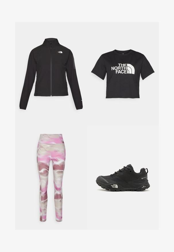 Černá zipová bunda s vysokým límcem, texturovaná tkanina a logo na levé hrudi. Má dlouhé rukávy a přiléhavý design.; Černé zkrácené tričko vyrobené z bavlny, s bílým logem s prohnutými akcenty a textem "THE NORTH FACE" na přední straně. Krátké rukávy, kulatý výstřih.; Legíny vyrobené z polyesterové směsi; vlnitý abstraktní vzor v růžové, béžové a hnědé barvě; vysoký pas s hladkou, měkkou texturou.; Černá turistická bota s texturovaným svrškem, šněrováním a masivní gumovou podrážkou, která má výrazné logo po straně a vzory na podrážce.