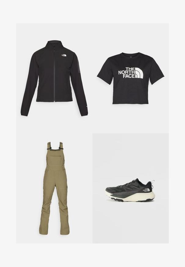 Chaqueta negra con cremallera y cuello alto, de tela texturizada, y logo en el lado izquierdo del pecho. Con mangas largas y un diseño ajustado.; Camiseta negra corta hecha de algodón, con un logo blanco con acentos curvados y el texto "THE NORTH FACE" en el frente. Mangas cortas, cuello redondo.; Pantalones salivales de color verde oliva hechos de tela duradera, con tirantes ajustables, un bolsillo frontal con cremallera y dos bolsillos laterales. Diseño moderno y funcional.; Zapatilla deportiva negra con parte superior texturizada, que presenta acentos grises y una entresuela blanca. Incluye una lengüeta y un logotipo de la marca destacado en el talón.