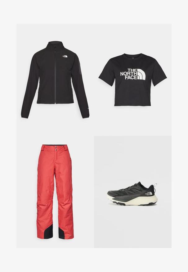 Sort zip-jacket med høj krave, struktureret stof og logo på venstre bryst. Har lange ærmer og en tætsiddende design.; Sort cropped t-shirt lavet af bomuld, med et hvidt logo med buede accenter og teksten "THE NORTH FACE" på forsiden. Korte ærmer, rund hals.; Røde snesportsbukser med en glat overflade, bred ben-design og sorte detaljer ved områderne om anklerne. Lukkes med to knapper i taljen.; Sort atletiksko med en tekstureret overdel, prydet med grå accenter og en hvid mellemsål. Inkluderer en trækslynge og en fremtrædende mærkelogo på hælen.