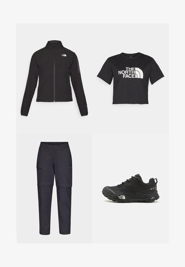 Črna zip-up jakna z visokim ovratnikom, teksturirano blago in logotipom na levem prsnem delu. Ima dolge rokave in prilega se.; Črna kratka majica iz bombaža, ki ima spredaj bel logotip s ukrivljenimi akcenti in besedilom "THE NORTH FACE". Kratke rokave, okroglo izrezan ovratnik.; Morske zip-off pohodne hlače, izdelane iz lahkega in gladkega materiala. Imajo žep z zadrgo na stegnu in dve gumbični zaponki na pasu.; Črne pohodne čevlje z teksturirano zgornjim delom, vezalnim zapiranjem in masivnim gumijastim podplatom, ki ima opazen logotip na strani in vzorce profila.