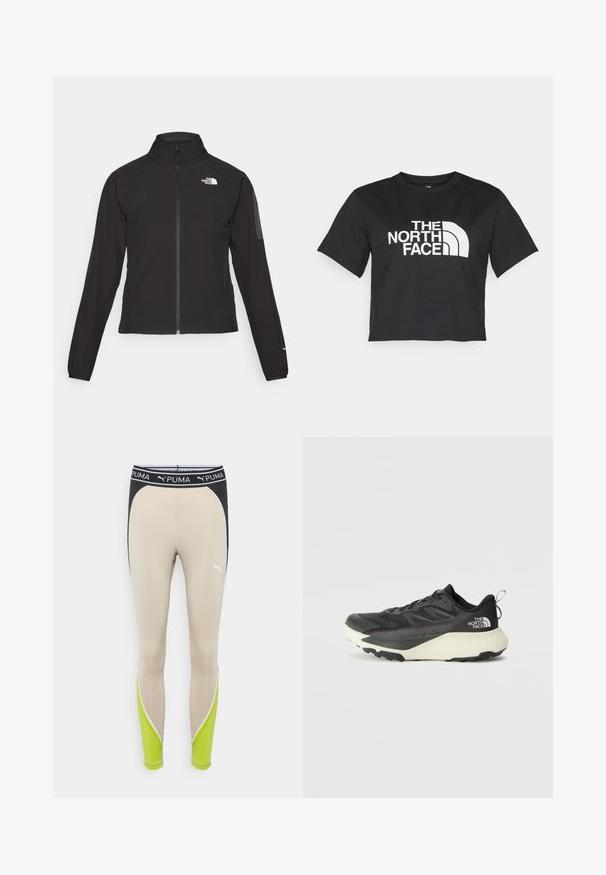 Giacca nera con zip e colletto alto, tessuto testurizzato e logo sul lato sinistro del petto. Presenta maniche lunghe e un design aderente.; Maglietta nera corta in cotone, con un logo bianco con accenti curvi e testo "THE NORTH FACE" sul davanti. Maniche corte, colletto alla marinara.; Leggings beige con una vita nera, caratterizzati da accenti verdi e dettagli in piping bianco. Realizzati in materiale elasticizzato per il massimo comfort.; Scarpa da ginnastica nera con tomaia testurizzata, con accenti grigi e un sottopiede bianco. Include una linguetta sul retro e un logo del marchio ben visibile sul tallone.