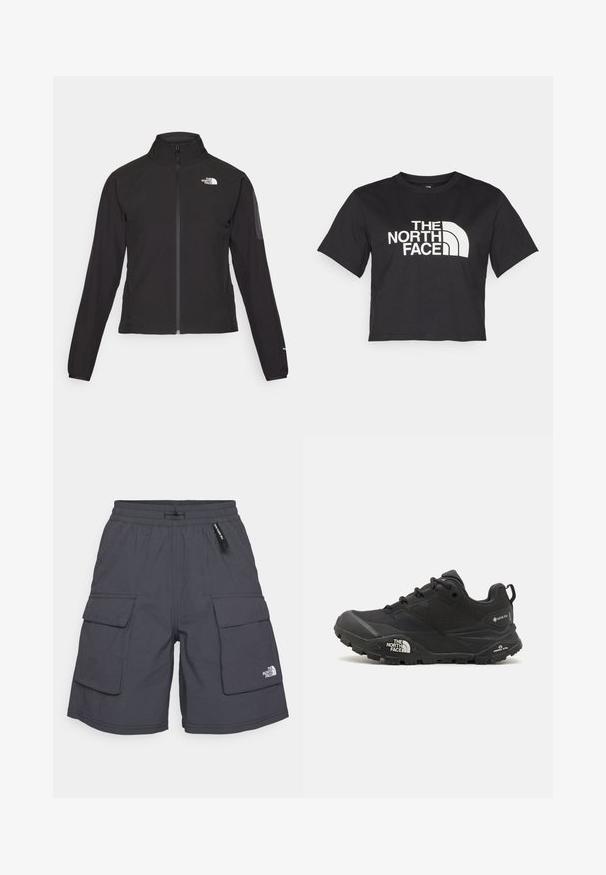 Mustmustabiga must jakk, millel on kõrge krae, tekstureeritud kangas ja logo vasakul rinnal. Omab pikki varrukaid ja sobivat disaini.; Must must kleidend t-särk, millel on valge logo ja kõverad aktsendid, esiküljel tekst "THE NORTH FACE". Lühikesed varrukad, ümar kaelus.; Hallid hallid kaubanduspüksid paelaga vööl, kahe küljetasku ja kahe klapiga taskuga. Alumises vasakus servas on väike valge logo.; Mustad matkajalanõud musta värvi, tekstuurse ülemise osa, paeltega kinnituse ja volüümika kummitald, millel on silmapaistev logo külgedel ja mustrimuster.