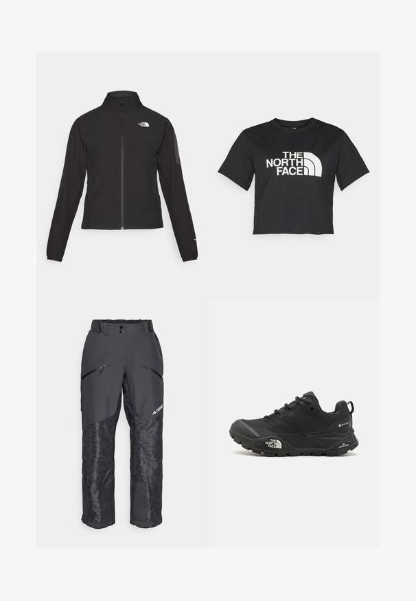 Melna ar rāvējslēdzēju aizdara jaka ar augstu apkakli, teksturētu audumu un logotipu kreisajā krūtī. Satur garas piedurknes un pieguļošu dizainu.; Melnā īsā t-kreklā no kokvilnas, ar baltu logo un izliektiem akcentiem, uz kura ir uzraksts "THE NORTH FACE" priekšpusē. Īsas piedurknes, apaļa izgriezuma kakla daļa.; Melnas sniega bikses ar teksturētām apakšējām paneļiem, elastīgu jostasvietu, priekšējām kabatām ar rāvējslēdzējiem un logo detaļu malā. Izgatavotas no izturīga, ūdensizturīga auduma.; Melnas pārgājienu kurpes ar teksturētu augšdaļu, sašņorējumu un masīvu gumijas zoli, kurai ir izteikts logotips sānos un protektora raksti.