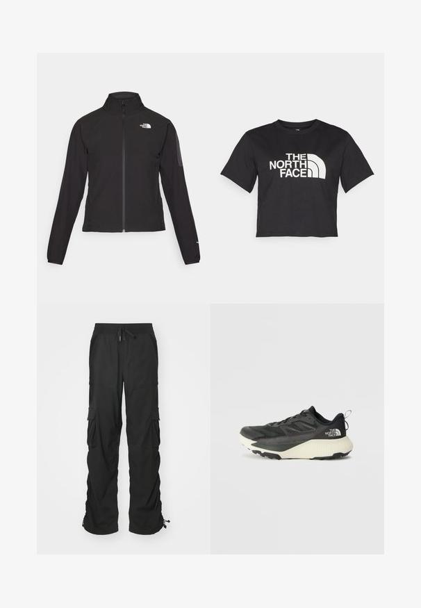 Jachetă neagră cu fermoar și guler înalt, din material texturat, cu logo pe partea stângă a pieptului. Prezintă mâneci lungi și un design ajustat.; Cămașă scurtă neagră din bumbac, cu un logo alb cu accente curbate și textul "THE NORTH FACE" pe față. Mâneci scurte, guler rotund.; Pantaloni cargo negri cu talie cu șnur, buzunare laterale și manșete elastice. Fabricat dintr-un material texturat pentru durabilitate și confort.; Pantofii sport negri cu un superior texturat, având accente gri și o talpă intermediară albă. Include un sistem de prindere și un logo de marcă proeminent pe călcâi.