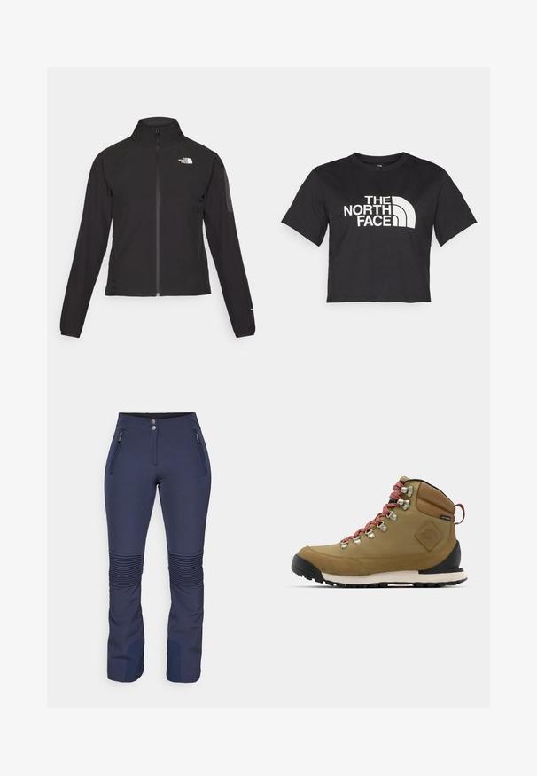Svart zip-up jacka med hög krage, texturerat tyg och logotyp på vänster bröst. Har långa ärmar och en figursydd design.; Svart kortärmad t-shirt i bomull, med en vit logotyp med böjda accenter och texten "THE NORTH FACE" framtill. Kort ärm, rundad hals.; Marina skidbyxor tillverkade i ett stretchmaterial med ribbade detaljer vid knäna, två sidofickor med dragkedja och knäppning vid midjan.; Bruna vandringsskor med röda snören, metallöglor, läderdetaljer och gummisulor. Har en rundad tå och vadderad krage.