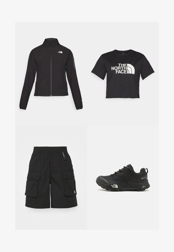 Juodas zip-up švarkas su aukšta apykakle, tekstūruotu audiniu ir logotipu kairėje krūtinės pusėje. Pasižymi ilgu rankovėmis ir prigludusia forma.; Juodas trumpas medvilninis marškinėliai, kuriuose yra baltas logotipas su kreivomis detalėmis ir užrašu "THE NORTH FACE" priekyje. Trumpomis rankovėmis, apvaliu kaklu.; Juodos cargo šortai, pagaminti iš lengvos medžiagos, su elastinga juosmeniu, dviem šoninėmis cargo kišenėmis ir maža logotipu ant kojos.; Juodas žygio batelis su tekstūruotu viršumi, su raištelių uždarymu ir storu guminiu padu, ant šono išryškintas logotipas ir raštiškai išpjauti modeliai.