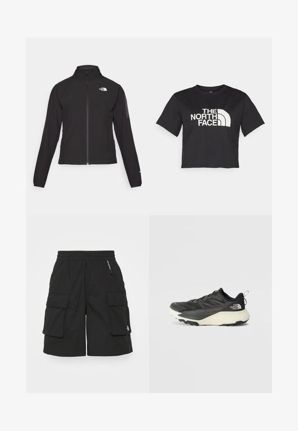 Juodas zip-up švarkas su aukšta apykakle, tekstūruotu audiniu ir logotipu kairėje krūtinės pusėje. Pasižymi ilgu rankovėmis ir prigludusia forma.; Juodas trumpas medvilninis marškinėliai, kuriuose yra baltas logotipas su kreivomis detalėmis ir užrašu "THE NORTH FACE" priekyje. Trumpomis rankovėmis, apvaliu kaklu.; Juodos cargo šortai, pagaminti iš lengvos medžiagos, su elastinga juosmeniu, dviem šoninėmis cargo kišenėmis ir maža logotipu ant kojos.; Juodas sportinis batas su tekstūruota viršutine dalimi, su pilkomis detalėmis ir baltu viduriu. Apima pakėlimo juostelę ir ryškų prekės ženklo logotipą ant kulno.