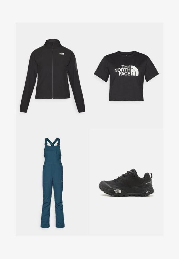 Juodas zip-up švarkas su aukšta apykakle, tekstūruotu audiniu ir logotipu kairėje krūtinės pusėje. Pasižymi ilgu rankovėmis ir prigludusia forma.; Juodas trumpas medvilninis marškinėliai, kuriuose yra baltas logotipas su kreivomis detalėmis ir užrašu "THE NORTH FACE" priekyje. Trumpomis rankovėmis, apvaliu kaklu.; Mėlyna sniego kombinezonas su reguliuojamomis petnešomis, užtraukiama krūtinės kišene ir dviem šoninėmis kišenėmis, pagamintas iš tvirto oro sąlygoms atsparaus medžiagos.; Juodas žygio batelis su tekstūruotu viršumi, su raištelių uždarymu ir storu guminiu padu, ant šono išryškintas logotipas ir raštiškai išpjauti modeliai.