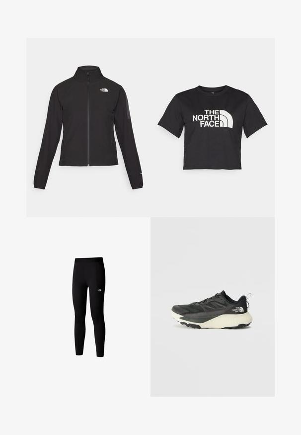 Casaco preto com fecho zip e gola alta, em tecido texturizado, com logo no lado esquerdo do peito. Apresenta mangas longas e um design ajustado.; T-shirt cropped preta feita de algodão, com um logotipo branco com acentos curvos e o texto "THE NORTH FACE" na parte da frente. Mangas curtas, gola redonda.; Leggings atléticos pretos feitos de tecido elástico, com um cós largo e bolsos laterais. Design simples, sem padrões ou acentos.; Shoe atlético preto com um cabedal texturizado, apresentando detalhes em cinza e uma entressola branca. Inclui uma alça e um logótipo da marca em destaque no calcanhar.