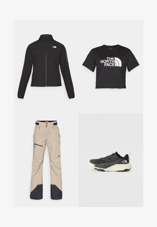 Black zip-up jacket with a high collar, textured fabric, and logo on the left chest. Features long sleeves and a fitted design.; Black cropped t-shirt made of cotton, featuring a white logo with curved accents and text "THE NORTH FACE" on the front. Short sleeves, crew neck.; Peak Performance ALPINE GORE-TEX PANTS - Snowboard pants - avid beige; Black athletic shoe with a textured upper, featuring gray accents and a white midsole. Includes a pull tab and prominent brand logo on the heel.