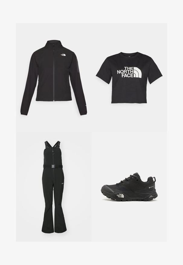 Black zip-up jacket with a high collar, textured fabric, and logo on the left chest. Features long sleeves and a fitted design.; Black cropped t-shirt made of cotton, featuring a white logo with curved accents and text "THE NORTH FACE" on the front. Short sleeves, crew neck.; Oakley HARPER BIB - Snowboard pants - blackout; Black hiking shoe with a textured upper, lace closure, and a chunky rubber sole featuring a prominent logo on the side and tread patterns.