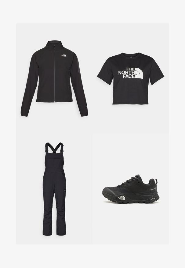 Juodas zip-up švarkas su aukšta apykakle, tekstūruotu audiniu ir logotipu kairėje krūtinės pusėje. Pasižymi ilgu rankovėmis ir prigludusia forma.; Juodas trumpas medvilninis marškinėliai, kuriuose yra baltas logotipas su kreivomis detalėmis ir užrašu "THE NORTH FACE" priekyje. Trumpomis rankovėmis, apvaliu kaklu.; Juodasiuvės kelnės su reguliuojamomis petnešomis, keliais kišeniais, vandeniui atsparia medžiaga ir plačiomis kojomis.; Juodas žygio batelis su tekstūruotu viršumi, su raištelių uždarymu ir storu guminiu padu, ant šono išryškintas logotipas ir raštiškai išpjauti modeliai.