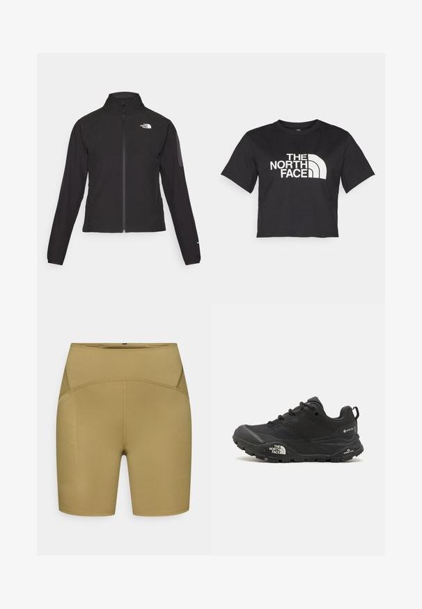 Czarna kurtka zapinana na zamek z wysokim kołnierzem, teksturowana tkanina i logo na lewej piersi. Posiada długie rękawy i dopasowany krój.; Czarny krótki t-shirt wykonany z bawełny, z białym logo z zaokrąglonymi akcentami i napisem "THE NORTH FACE" z przodu. Krótkie rękawy, okrągły dekolt.; Szorty z wysokim stanem w jasnym oliwkowym kolorze, wykonane z elastycznego materiału. Posiadają płaskie szwy i gładką fakturę, bez kieszeni.; Czarne buty trekkingowe z teksturowaną cholewą, sznurowaniem i masywną gumową podeszwą z wyraźnym logo po boku oraz wzorami bieżnika.