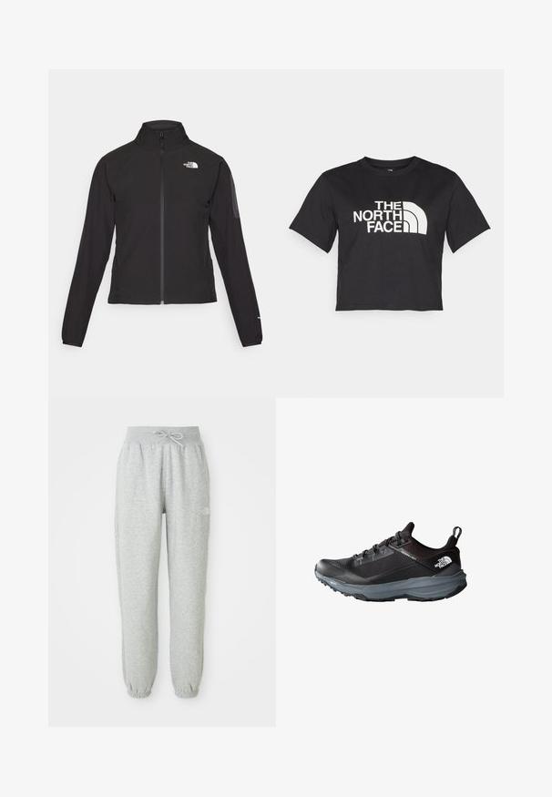 Schwarze Zip-Jacke mit hohem Kragen, strukturiertem Stoff und Logo auf der linken Brust. Verfügt über lange Ärmel und eine taillierte Passform.; Schwarzes, tailliertes T-Shirt aus Baumwolle mit einem weißen Logo mit geschwungenen Akzenten und dem Text "THE NORTH FACE" auf der Vorderseite. Kurze Ärmel, Rundhalsausschnitt.; Graue Sweatpants mit einem elastischen Bund und Kordelzug. Der Stoff ist weich, mit elastischen Bündchen an den Knöcheln und einem Logo-Detail.; Schwarzer Laufschuh mit strukturiertem Obermaterial, gepolstertem Kragen und grauem Zwischensohlenteil. Verfügt über Schnürsenkel, Logo und eine strapazierfähige, profiliierte Laufsohle.