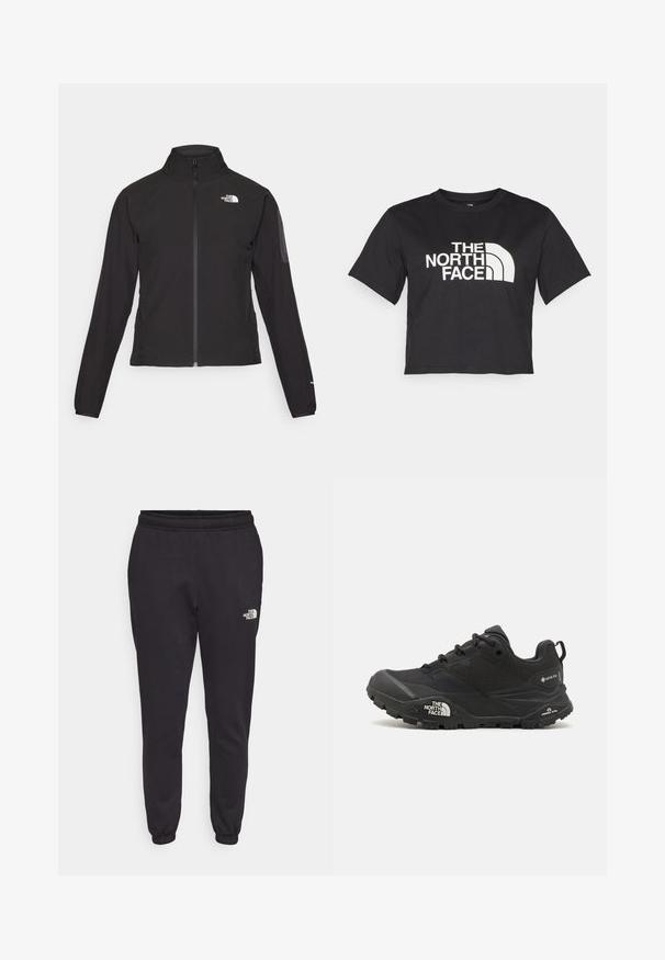 Schwarze Zip-Jacke mit hohem Kragen, strukturiertem Stoff und Logo auf der linken Brust. Verfügt über lange Ärmel und eine taillierte Passform.; Schwarzes, tailliertes T-Shirt aus Baumwolle mit einem weißen Logo mit geschwungenen Akzenten und dem Text "THE NORTH FACE" auf der Vorderseite. Kurze Ärmel, Rundhalsausschnitt.; Schwarze Jogginghosen aus weichem Baumwollmix. Sie verfügen über einen elastischen Bund, ein schmal zulaufendes Bein-Design und ein kleines weißes Logo auf der unteren rechten Seite.; Schwarzer Wanderschuh mit einer strukturierten Oberfläche, Schnürverschluss und einer massiven Gummisohle, die auf der Seite ein ausgeprägtes Logo sowie Profilmuster zeigt.