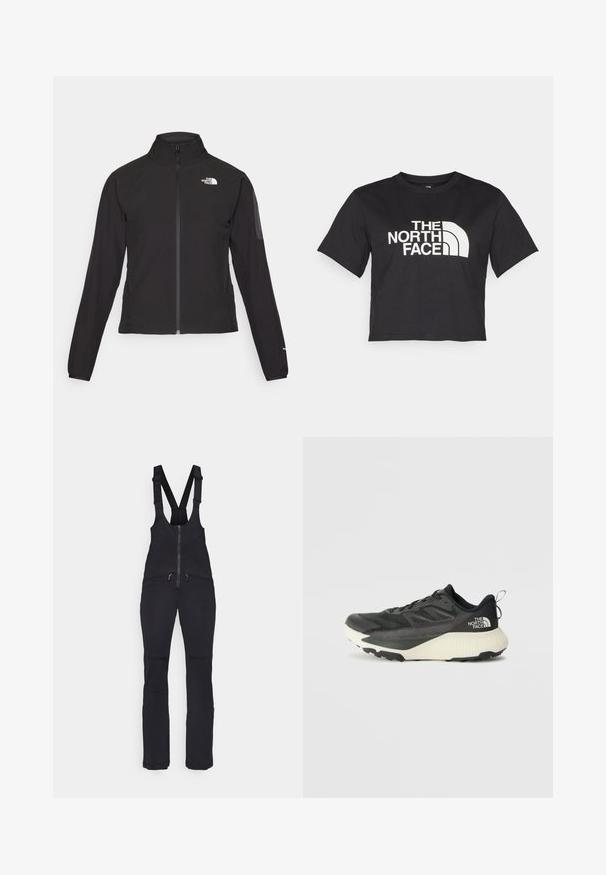 Svart zip-up jakke med høy krage, teksturert stoff, og logo på venstre bryst. Har lange ermer og en tettsittende design.; Svart avkortet t-skjorte laget av bomull, med et hvitt logo med buede detaljer og teksten "THE NORTH FACE" på forsiden. Korte ermer, rund hals.; Sorte skibukser laget av elastisk stoff. Har justerbare stropper, glidelås foran og to glidelåslommer. Tilpasset passform med paneldetaljer.; Svart treningssko med teksturert overdel, med grå detaljer og hvit såle. Har en pull tab og fremtredende merkevarelogo på hælen.