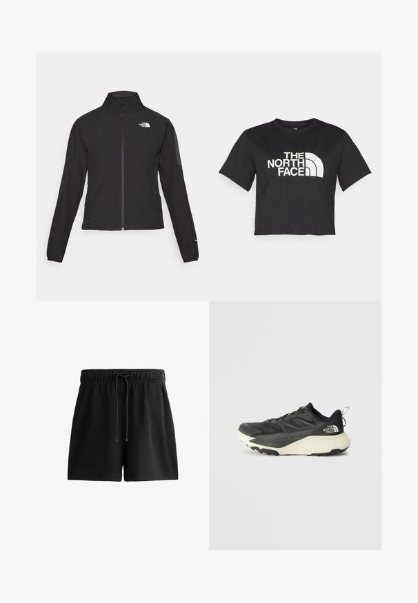 Čierna bunda na zips s vysokým golierom, textúrovanou tkaninou a logom na ľavej hrudi. Má dlhé rukávy a priliehavý strih.; Čierne skrátené tričko z bavlny, s bielym logom s krivkami a textom "THE NORTH FACE" na prednej strane. Krátke rukávy, okrúhly výstrih.; Čierne šortky vyrobené z mäkkého materiálu, so strečovým pásom s šnúrkou, bočnými vreckami a jednoduchým, uhladeným dizajnom.; Čierna atletická obuv s textúrovaným vrchom, s šedými akcentmi a bielou medzipodrážkou. Obsahuje pútko a výrazné logo značky na päte.