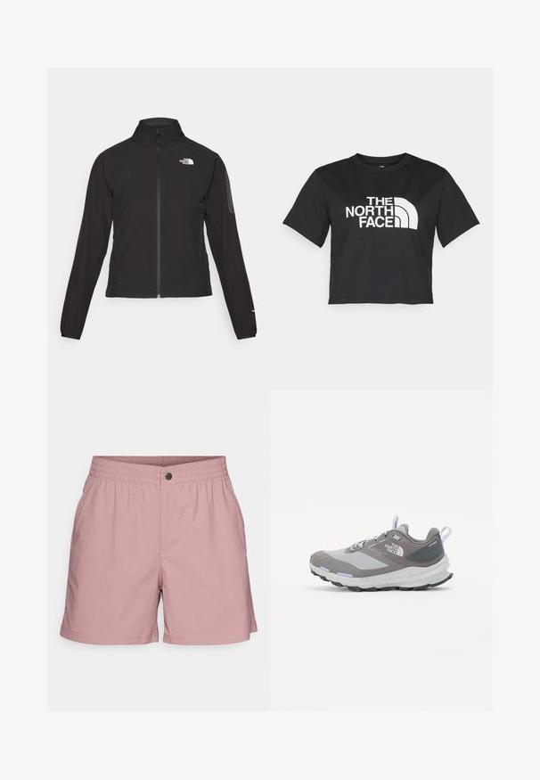 Svart zip-up jakke med høy krage, teksturert stoff, og logo på venstre bryst. Har lange ermer og en tettsittende design.; Svart avkortet t-skjorte laget av bomull, med et hvitt logo med buede detaljer og teksten "THE NORTH FACE" på forsiden. Korte ermer, rund hals.; Lys rosa shorts med elastisk midjebånd og en enkelt knapp foran. Har sidelommer og en glatt tekstur. Rett snitt i bunnen.; Grå løpesko med netting og syntetiske materialer, med lilla detaljer, en teksturert såle og en løsning for enkel påkledning på hælen.