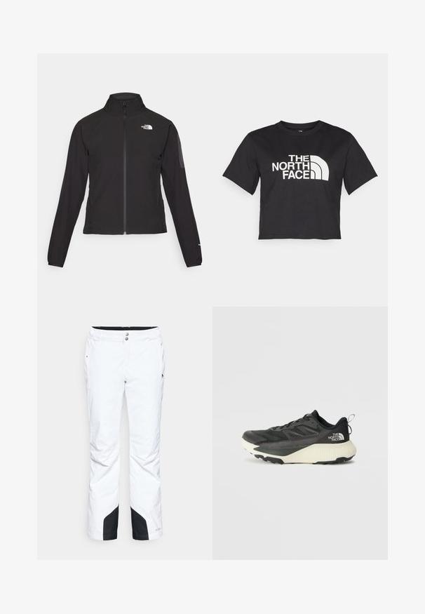 Sort zip-jacket med høj krave, struktureret stof og logo på venstre bryst. Har lange ærmer og en tætsiddende design.; Sort cropped t-shirt lavet af bomuld, med et hvidt logo med buede accenter og teksten "THE NORTH FACE" på forsiden. Korte ærmer, rund hals.; Hvide snebukser med et strømlinet design, der har to frontlommer, forstærkede sorte nederste paneler og en knaplukning i livet.; Sort atletiksko med en tekstureret overdel, prydet med grå accenter og en hvid mellemsål. Inkluderer en trækslynge og en fremtrædende mærkelogo på hælen.