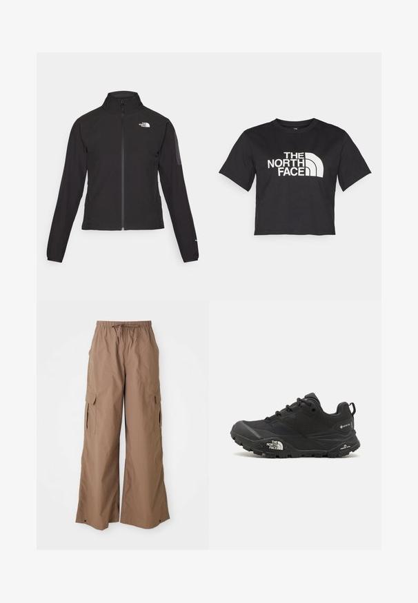 Zwarte zip-up jas met een hoge kraag, textuurstof en een logo op de linker borst. Beschikt over lange mouwen en een slim fit ontwerp.; Zwarte cropped t-shirt gemaakt van katoen, met een wit logo met gebogen accenten en de tekst "THE NORTH FACE" op de voorkant. Korte mouwen, ronde hals.; Bruine, losse cargobroek met een elastische tailleband en zijflapzakken, wijd beenontwerp, gepresenteerd tegen een witte achtergrond.; Zwarte wandelschoen met een gestructureerde bovenkant, vetersluiting en een stevige rubberen zool met een opvallend logo aan de zijkant en profielpatronen.