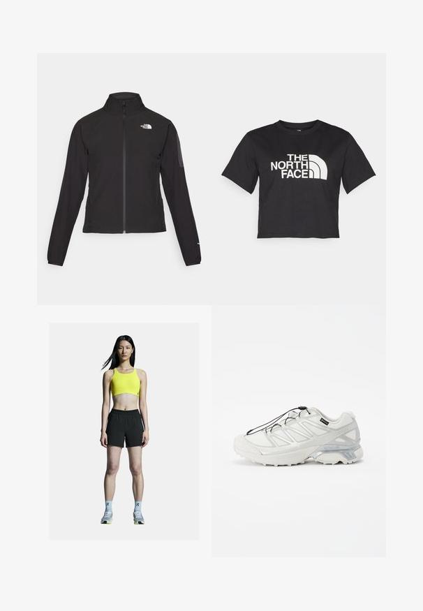 Melna ar rāvējslēdzēju aizdara jaka ar augstu apkakli, teksturētu audumu un logotipu kreisajā krūtī. Satur garas piedurknes un pieguļošu dizainu.; Melnā īsā t-kreklā no kokvilnas, ar baltu logo un izliektiem akcentiem, uz kura ir uzraksts "THE NORTH FACE" priekšpusē. Īsas piedurknes, apaļa izgriezuma kakla daļa.; Dzeltena sporta krūšturis ar īsu dizainu, apvienots ar melniem sporta šortiem. Iezīmē pelēkas apavus ar dzelteniem akcentiem un gaiši ziliem zeķēm.; Baltijas sporta apavi ar teksturētu sieta augšdaļu, atstarojošiem akcentiem un mīkstu zoli. Iekļauj elastīgas šņorītes un pelēkus akcentus.