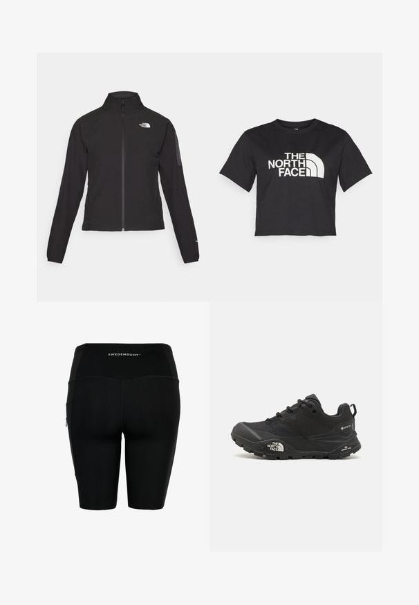 Svart zip-up jacka med hög krage, texturerat tyg och logotyp på vänster bröst. Har långa ärmar och en figursydd design.; Svart kortärmad t-shirt i bomull, med en vit logotyp med böjda accenter och texten "THE NORTH FACE" framtill. Kort ärm, rundad hals.; Svarta atletiska shorts med en åtsittande design, slät textur och reflekterande logotyp. Har en sidoficka med dragkedja för förvaring.; Svart vandringsskor med en texturerad övre del, snörning och en kraftig gummisula som har en framträdande logotyp på sidan och mönster i sulan.