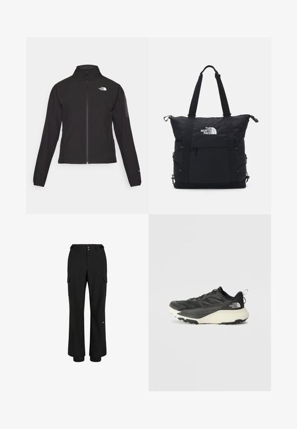 Melna ar rāvējslēdzēju aizdara jaka ar augstu apkakli, teksturētu audumu un logotipu kreisajā krūtī. Satur garas piedurknes un pieguļošu dizainu.; Melnā īsā t-kreklā no kokvilnas, ar baltu logo un izliektiem akcentiem, uz kura ir uzraksts "THE NORTH FACE" priekšpusē. Īsas piedurknes, apaļa izgriezuma kakla daļa.; Melni cargo bikses, kas izgatavotas no viegla auduma; tām ir divas priekšējās kabatas, divas sānu cargo kabatas un elastīgas aproces pie potītēm.; Melna sporta kurpe ar teksturētu augšdaļu, kurai ir pelēki akcenti un balts vidusdaļa. Ietver vilkšanas cilpu un izteiktu zīmola logo uz papēža.; Melna somiņa ar mīkstu dizainu, augšējo rāvējslēdzēja aizdari, divām īsām siksnām un logotipu priekšpusē; satur sānu kabatas un regulējamas siksnas.