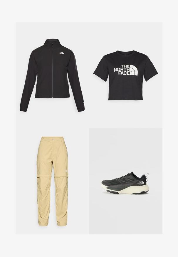 Fekete, cipzáros dzseki magas gallérral, texturált anyagból, bal mellen logóval. Hosszú ujjak és testhezálló fazon jellemzi.; Fekete, vágott ujjú, pamut póló, fehér logóval, amely ívelt díszítéseket és a "THE NORTH FACE" feliratot tartalmazza az elején. Rövid ujjú, kerek nyakú.; Fenntartható, könnyű anyagból készült bézs cargo nadrág, cipzáros oldalakkal, gombos záródással és logóval a jobb combon.; Fekete sportcipő, texturált felsőrésszel, szürke kiegészítőkkel és fehér középtalppal. Húzófüllel és kiemelkedő márkalandírral a sarkán.