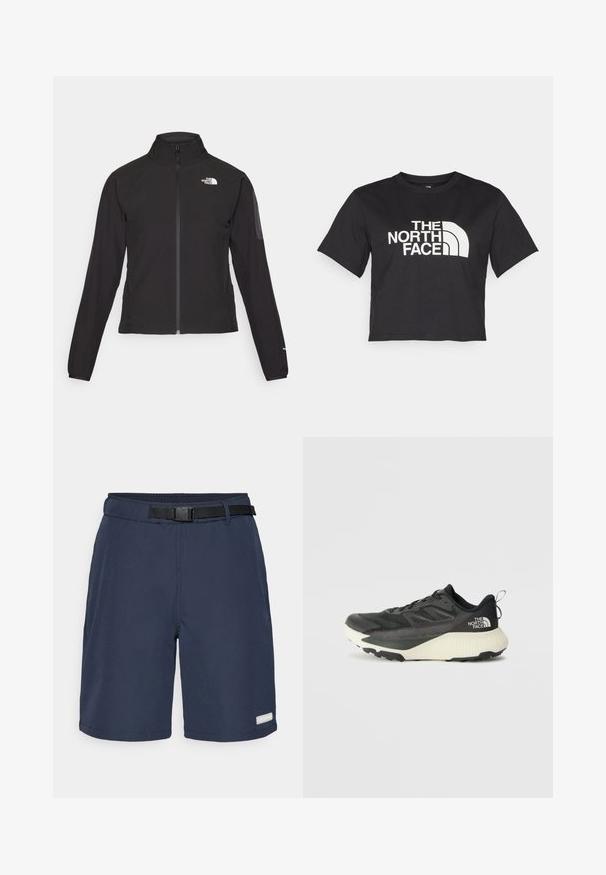 Juodas zip-up švarkas su aukšta apykakle, tekstūruotu audiniu ir logotipu kairėje krūtinės pusėje. Pasižymi ilgu rankovėmis ir prigludusia forma.; Juodas trumpas medvilninis marškinėliai, kuriuose yra baltas logotipas su kreivomis detalėmis ir užrašu "THE NORTH FACE" priekyje. Trumpomis rankovėmis, apvaliu kaklu.; Jūros mėlynos šortai iš lengvos medžiagos, su juodu reguliuojamu diržu, be siūlių dizainu ir maža logotipo etikete ant krašto.; Juodas sportinis batas su tekstūruota viršutine dalimi, su pilkomis detalėmis ir baltu viduriu. Apima pakėlimo juostelę ir ryškų prekės ženklo logotipą ant kulno.