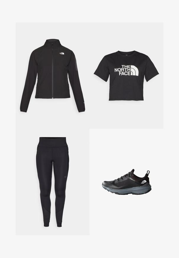 Černá zipová bunda s vysokým límcem, texturovaná tkanina a logo na levé hrudi. Má dlouhé rukávy a přiléhavý design.; Černé zkrácené tričko vyrobené z bavlny, s bílým logem s prohnutými akcenty a textem "THE NORTH FACE" na přední straně. Krátké rukávy, kulatý výstřih.; Černé sportovní legíny vyrobené z elastického materiálu, s vysokým pasem a jemnými bočními švy. Logo tištěné na dolní části nohavic.; Černá běžecká obuv s texturovaným svrškem, polstrovaným límcem a šedou mezipodešví. Obsahuje šněrování, logo a odolnou protiskluzovou podrážku.