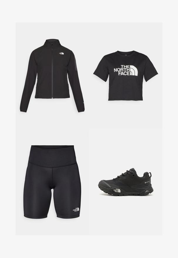 Black zip-up jacket with a high collar, textured fabric, and logo on the left chest. Features long sleeves and a fitted design.; Black cropped t-shirt made of cotton, featuring a white logo with curved accents and text "THE NORTH FACE" on the front. Short sleeves, crew neck.; Black athletic shorts made of stretch fabric, featuring a high waistband and The North Face logo in white on the bottom right leg.; Black hiking shoe with a textured upper, lace closure, and a chunky rubber sole featuring a prominent logo on the side and tread patterns.