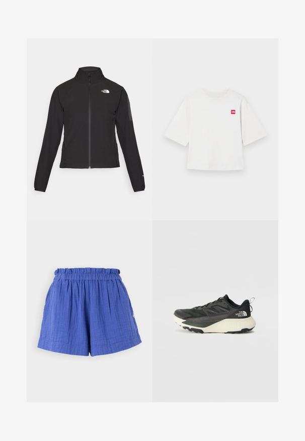 Černá zipová bunda s vysokým límcem, texturovaná tkanina a logo na levé hrudi. Má dlouhé rukávy a přiléhavý design.; Bílý krátký rukáv t-shirt vyrobený z bavlny. Na levé straně hrudi má malé červené čtvercové logo. Rovný střih. Měkká textura.; Modré bavlněné šortky se staženým pasem a bočními kapsami, vyrobené z texturované tkaniny a mají volný střih.; Černá sportovní bota s texturovaným svrškem, s šedými akcenty a bílou mezipodešví. Obsahuje poutko a výrazné logo značky na patě.