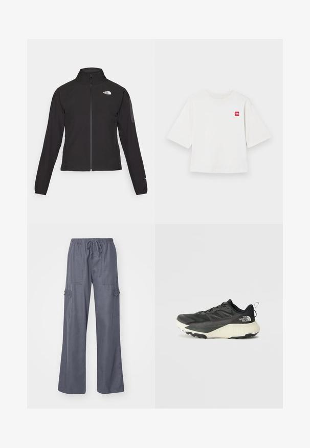 Schwarze Zip-Jacke mit hohem Kragen, strukturiertem Stoff und Logo auf der linken Brust. Verfügt über lange Ärmel und eine taillierte Passform.; Weißes T-Shirt mit kurzen Ärmeln aus Baumwolle. Mit einem kleinen roten quadratischen Logo auf der linken Brustseite. Gerader Schnitt. Weicher Stoff.; Graue Cargo-Hosen mit einer Kordelzug-Taille, weiten Beinen und zwei Seitentaschen. Hergestellt aus einem weichen, leichten Stoff.; Schwarzer Sportschuh mit strukturiertem Obermaterial, ausgestattet mit grauen Akzenten und einer weißen Zwischensohle. Enthält eine Zuglasche und ein markantes Markenlogo an der Ferse.