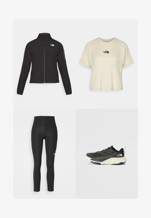 Casaco preto com fecho zip e gola alta, em tecido texturizado, com logo no lado esquerdo do peito. Apresenta mangas longas e um design ajustado.; T-shirt de mangas curtas, cor creme, com gola redonda e mangas raglan. Apresenta um logo bordado em preto na parte superior do peito.; The North Face FLEX 25IN TIGHT - Leggings - black; Shoe atlético preto com um cabedal texturizado, apresentando detalhes em cinza e uma entressola branca. Inclui uma alça e um logótipo da marca em destaque no calcanhar.